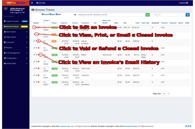 Screen Capture of FBO Director Browse Invoices Page with Page Functions Labeled